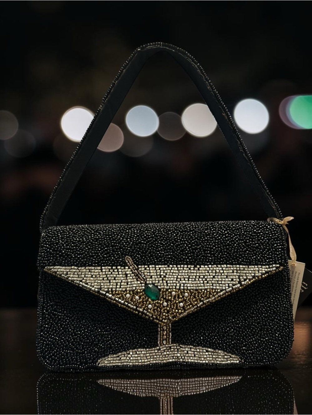 Beaded Black Evening Clutch with Cocktail Motif